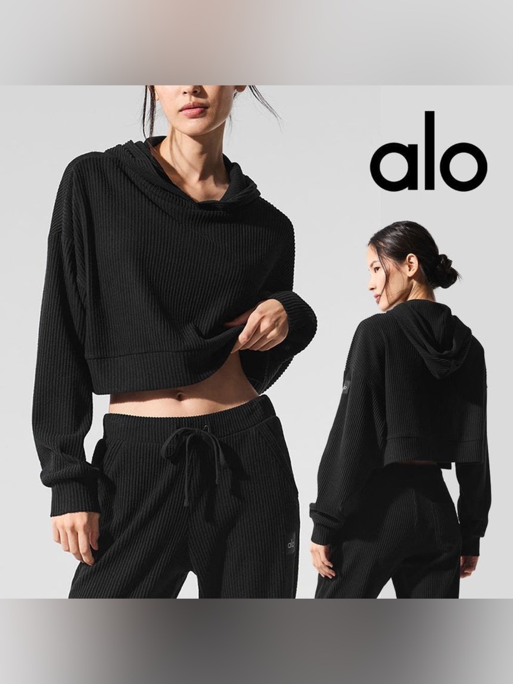 ALO Yoga Ribbed Muse Cropped Hoodie and Sweatpants Set